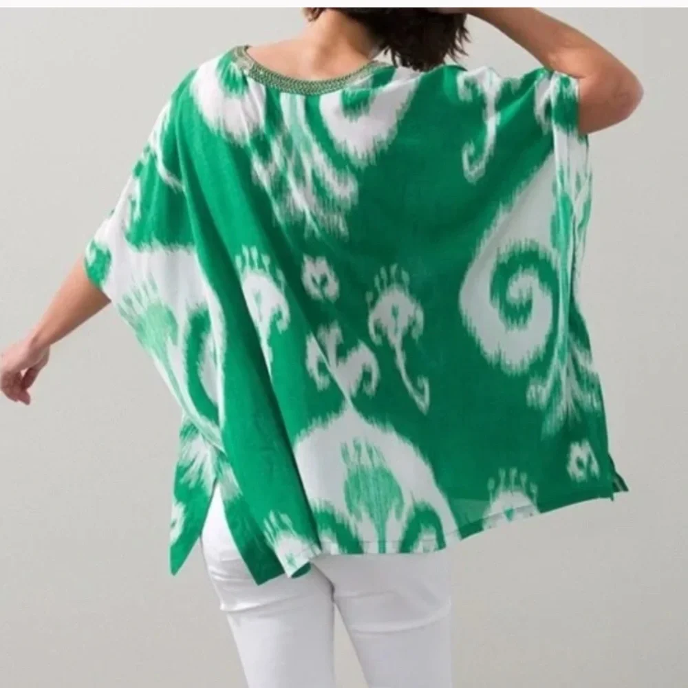 Chico's S/M green white Ikat embellished poncho style tunic Small Medium - Picture 3 of 7